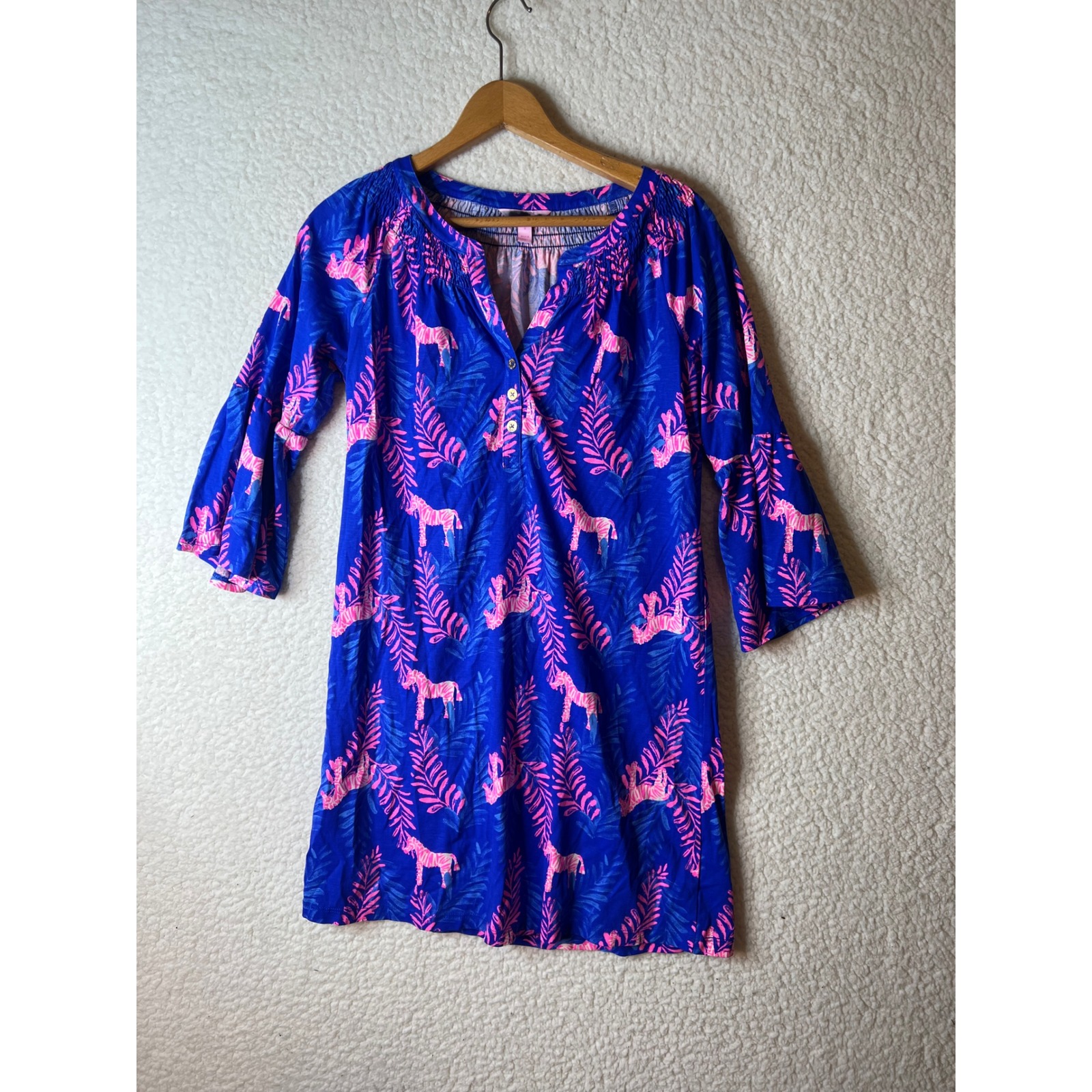 Lilly Pulitzer Blue Pink Zebra Tropical Bell Sleeve Henley Dress Small